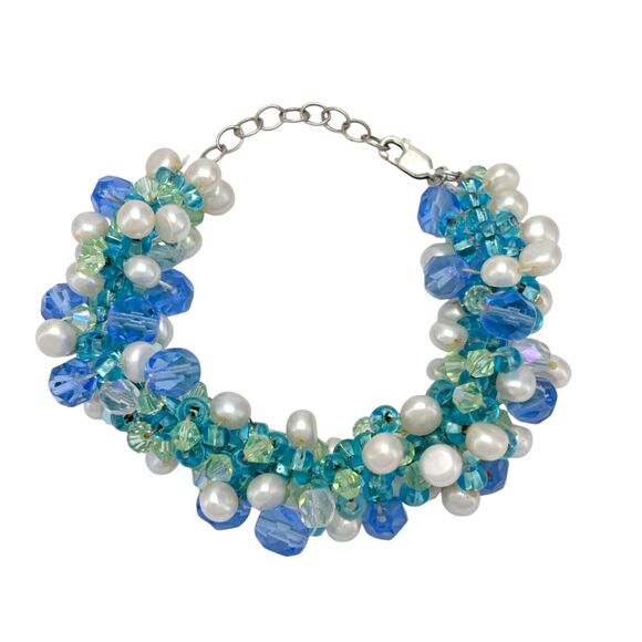 Vintage Sterling Silver 925 Freshwater Pearl Crystal Bead Bracelet 5.5"-6.75" - Picture 1 of 5